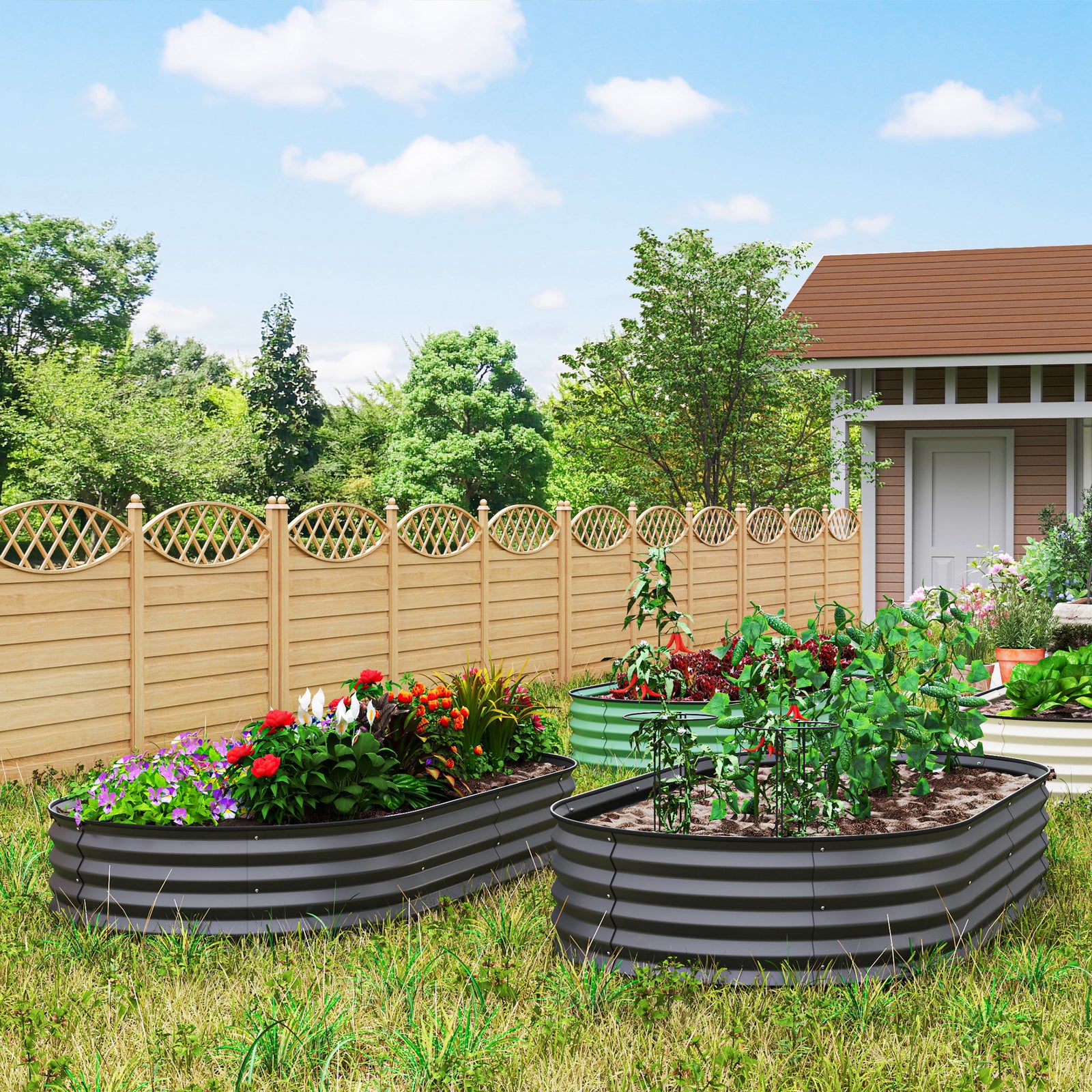 Set Of 2 Raised Beds For Garden W/ Metal Plant Stakes | Dark Gray