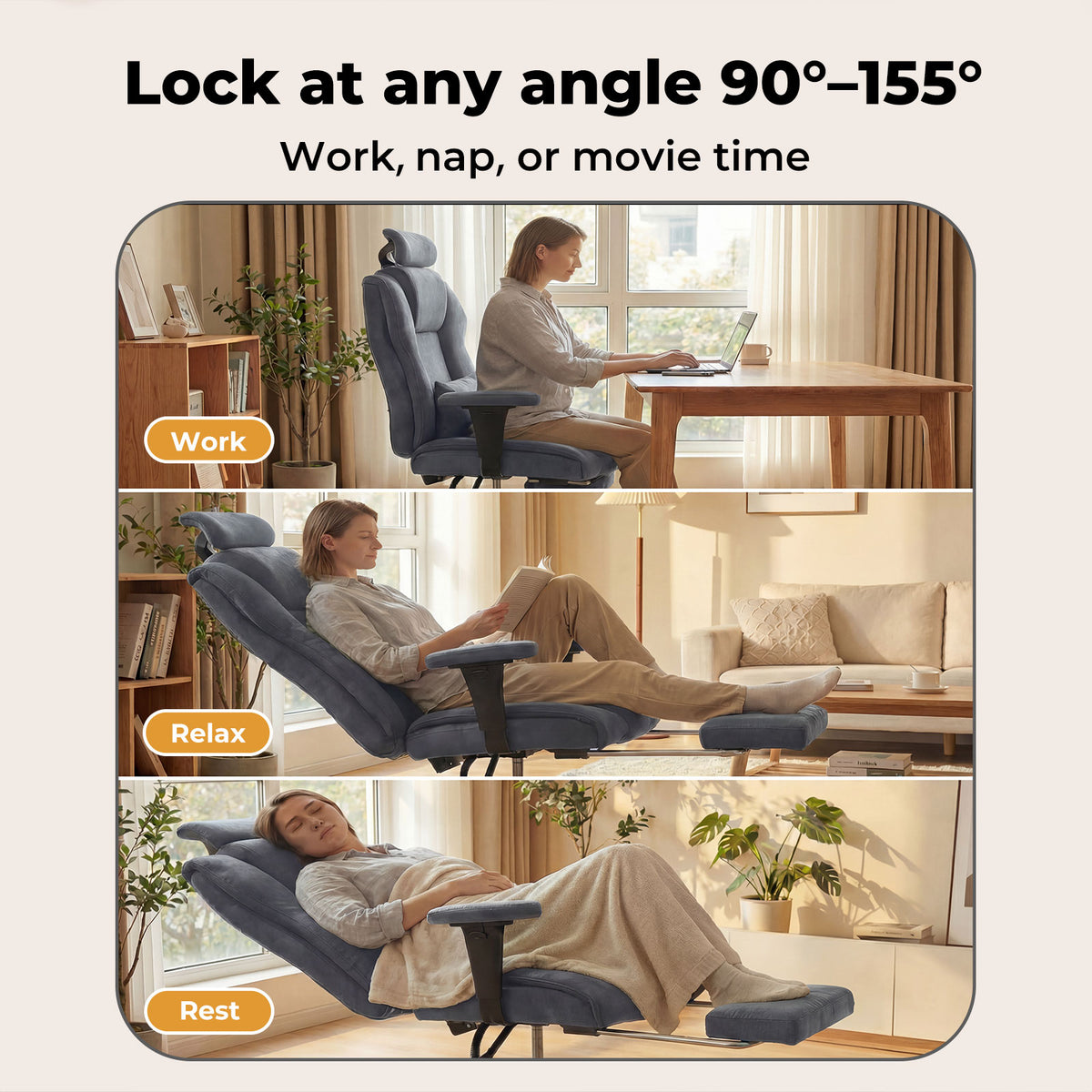 Ergonomic Office Chair Suede Fabric Wide Seat 155° Recline Footrest | Grey