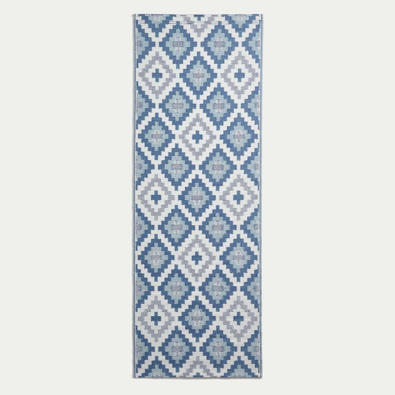 Luxury Outdoor Rug Waterproof Reversible For Garden Patio 100% Recycled, Blue Mia Aztec | 75cm x 200cm | Blue