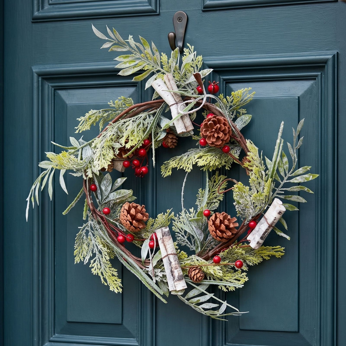 HOMESCAPES Artificial Wreath With Berries And Pinecones, 18 Inches