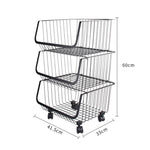 3/4/5 Tier Stackable Rolling Metal Wire Basket Trolley Rack Fruit Vegetable Storage Holder For Kitchen | Small | Black
