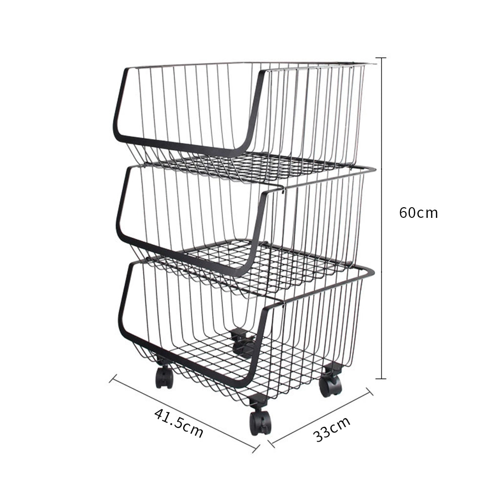 3/4/5 Tier Stackable Rolling Metal Wire Basket Trolley Rack Fruit Vegetable Storage Holder For Kitchen | Small | Black