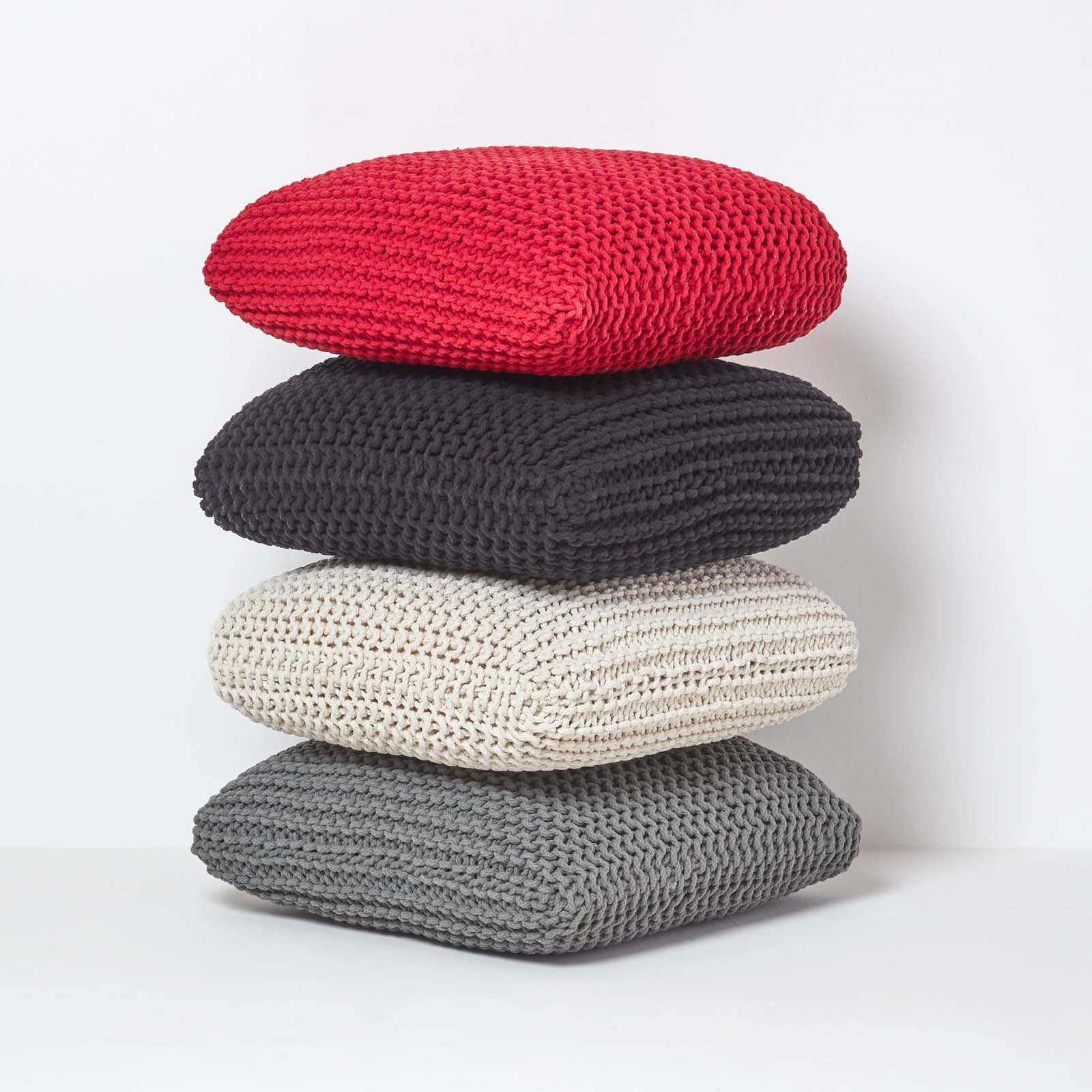 HOMESCAPES Black Square Cotton Knitted Pouffe Floor Cushion