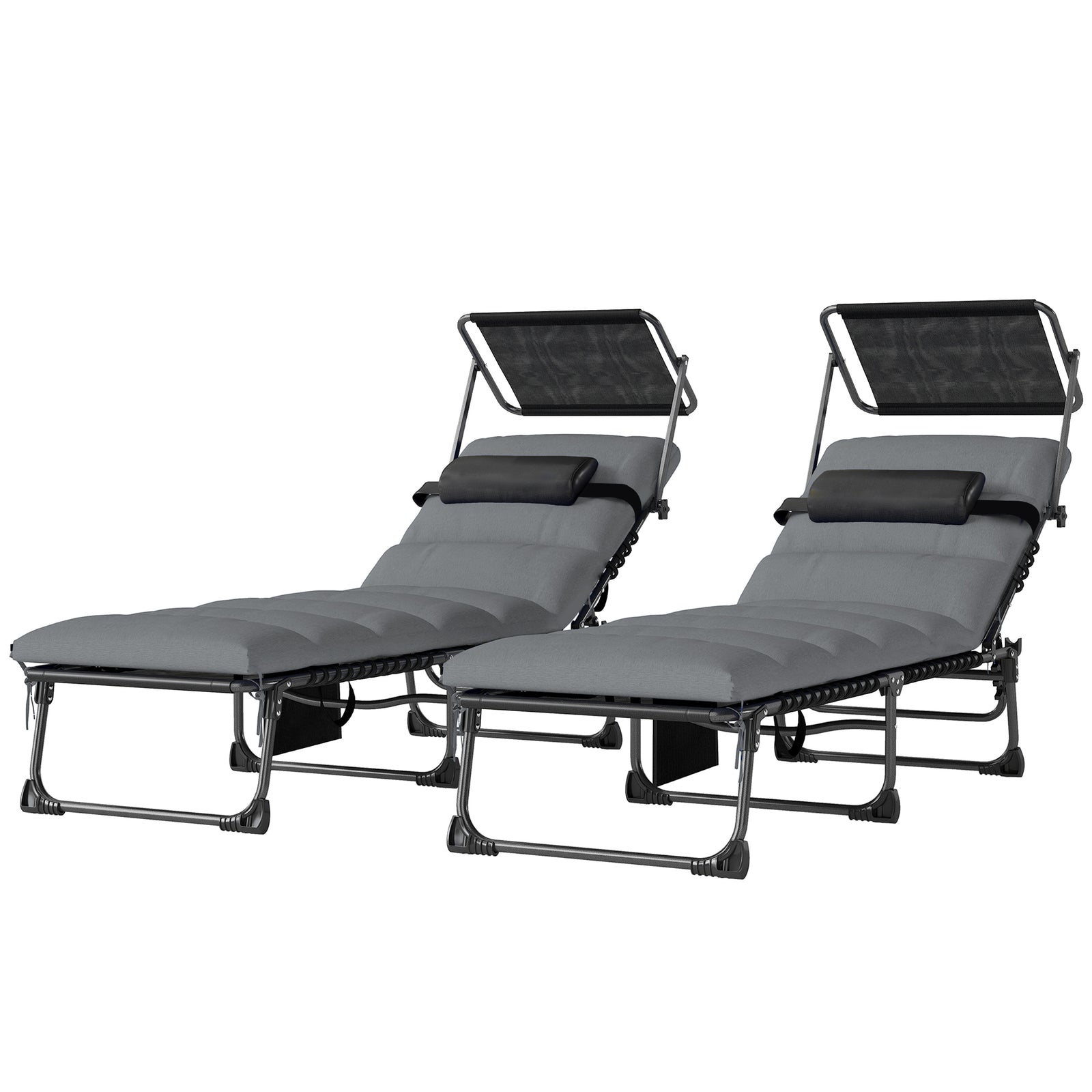 Folding Sun Loungers Set Of 2, Sun Bed With Canopy | Light Grey