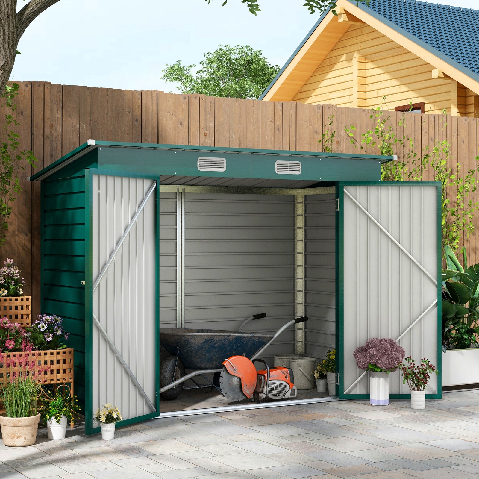 8 X 4ft Metal Garden Storage Shed With Doors And 2 Vents | Green