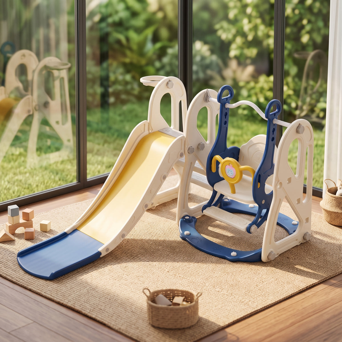 4-in-1 Kids Slide & Swing Set With Basketball Hoop | Blue