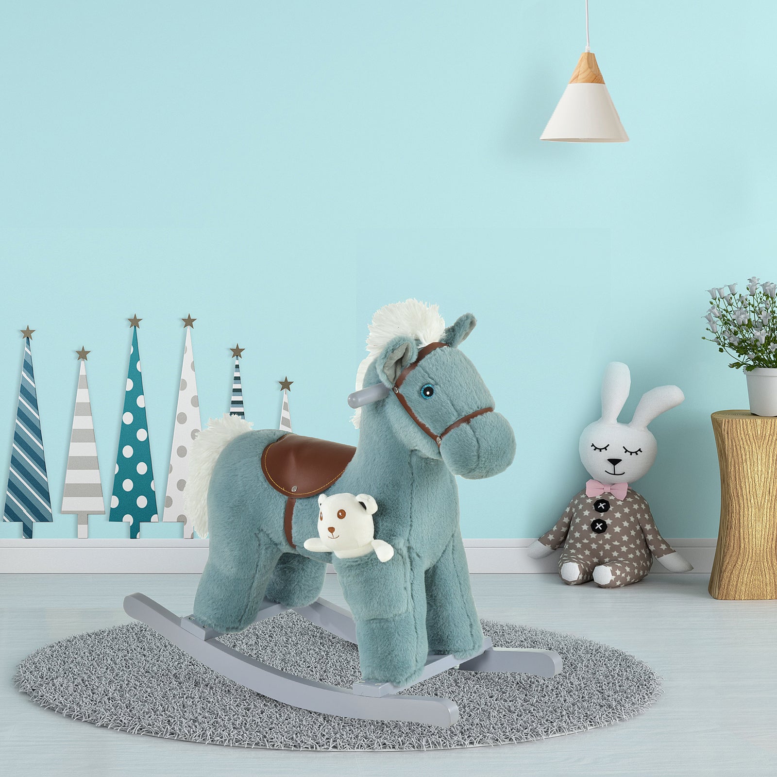 Kids Plush Ride-on Rocking Horse With Plush Toy Sound Handle Grip | Blue