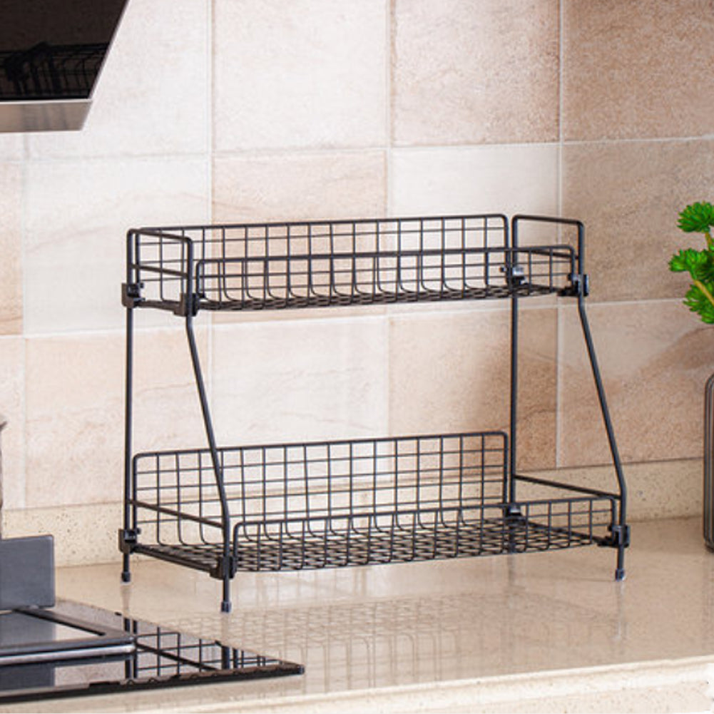 Free Standing 2 Tiers Spice Herb Jar Rack Holder Storage Organizer Counter Shelf Black | Medium | Black