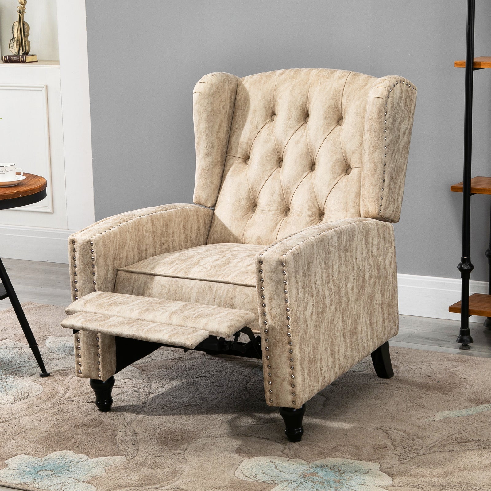 Marble Effect Reclining Armchair W/ Footrest | Beige