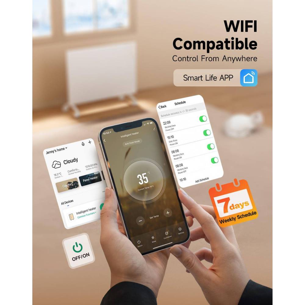 1000w/1500w/2000w Convection Heater With Wifi App & Voice Control, 3 Modes, Smart Thermostat, 24h/7d Timer, Child Lock, Wall Mounted Or Freestanding | Small