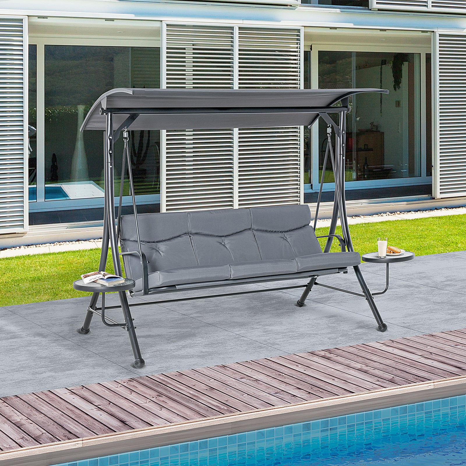 3 Seater Garden Swing, Adjustable Canopy, Grey | Gray