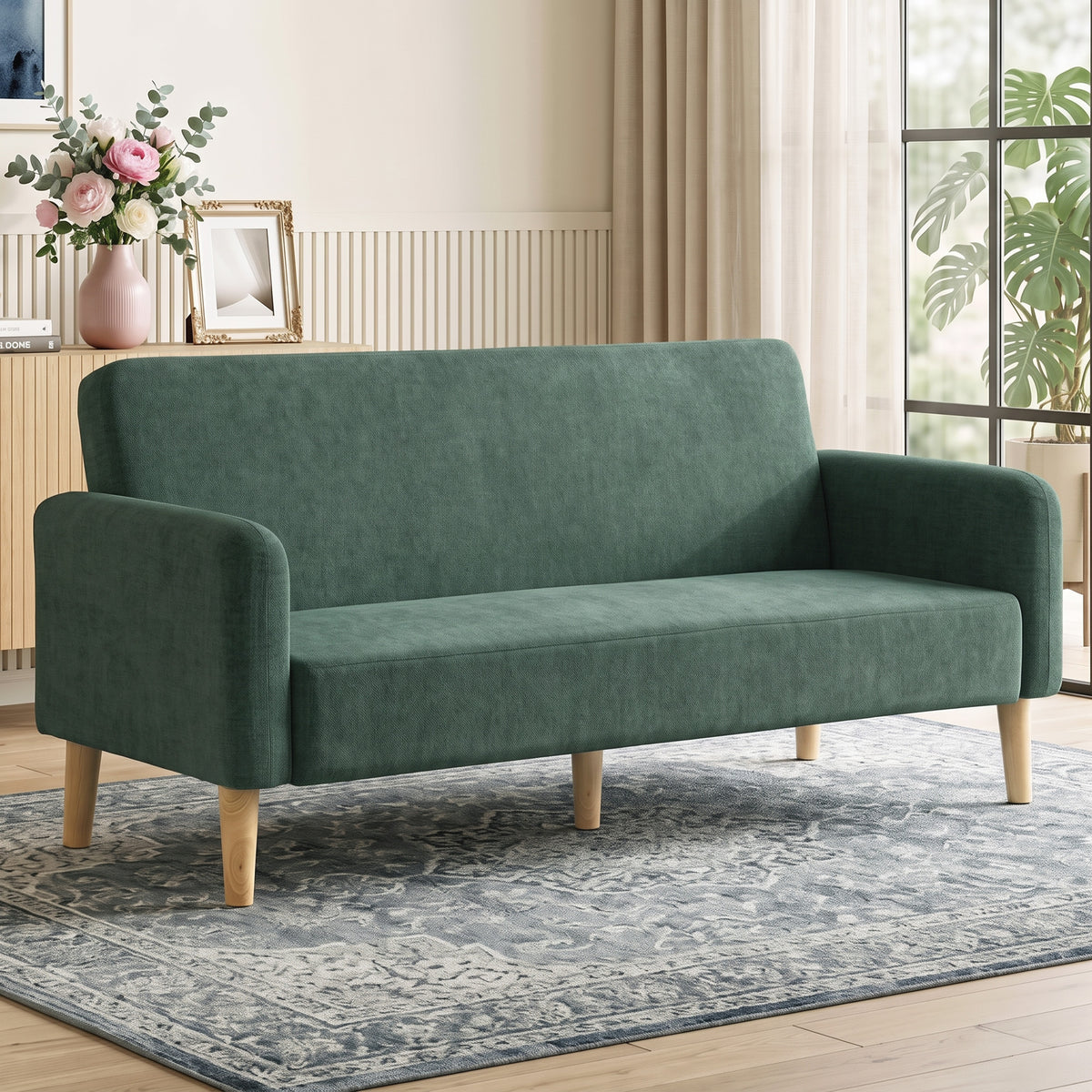2 Seater Sofa, Velvet Small Couch With Plush Backrest | Dark Green