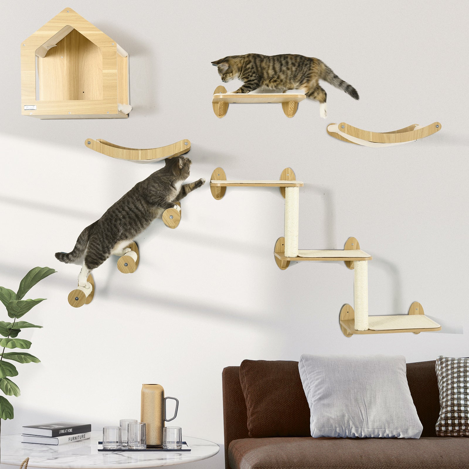 8 Piece Cat Shelves Set With Cat House, 3 Perches