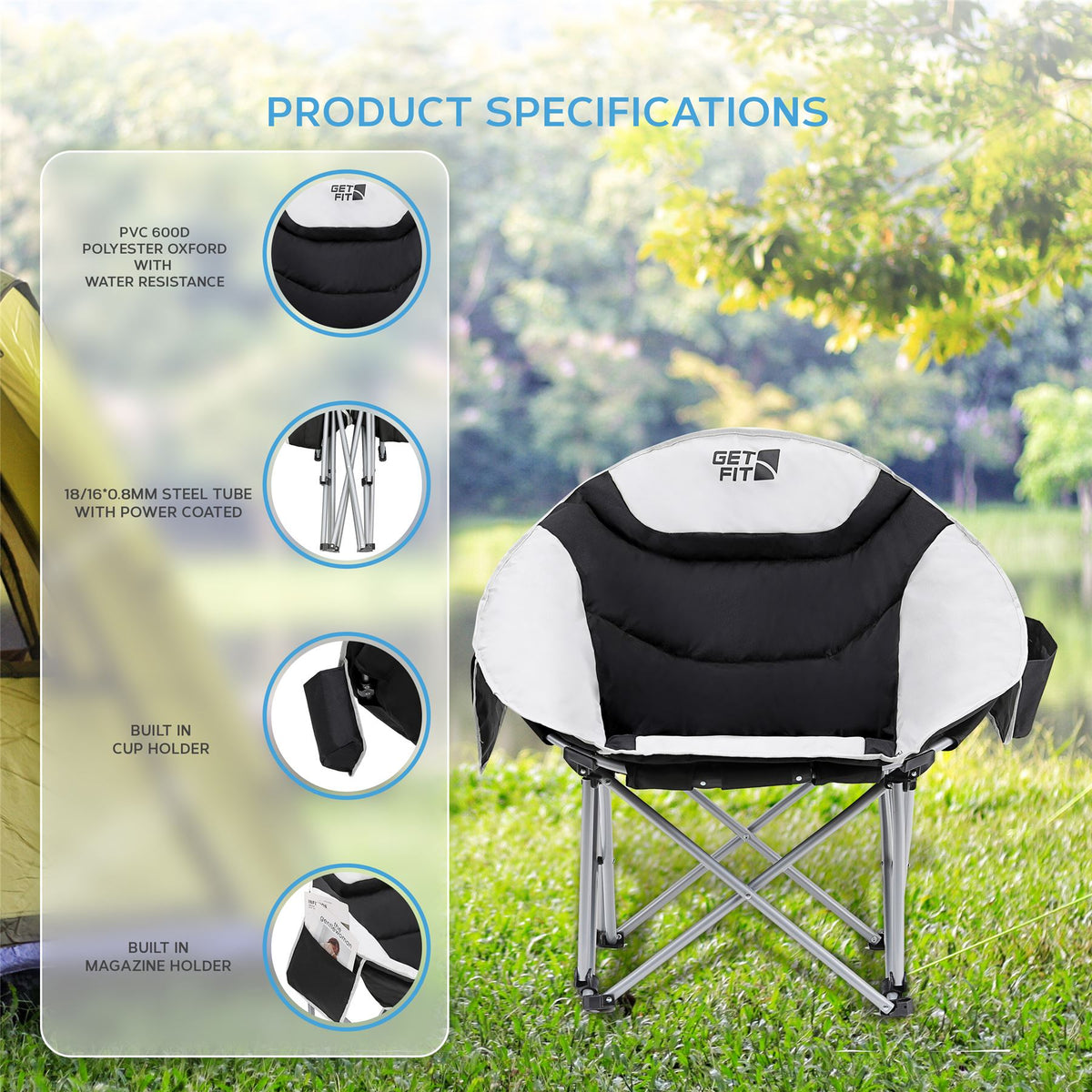 Moon Camping Chair - Portable Outdoor Premium Folding Chair For Adults With Magazine Pocket, Cup Holder & Carry Bag - Heavy Duty Foldable Chair | Single | Jet Black