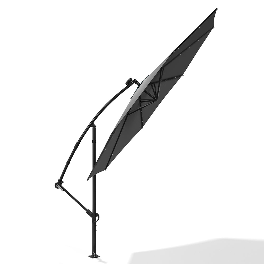 3 M Banana Patio Umbrella Cantilever Garden Parasol With Solar-powered 32 Led Lights, Crank For Opening Closing Without Base | One Size | Dark Gray