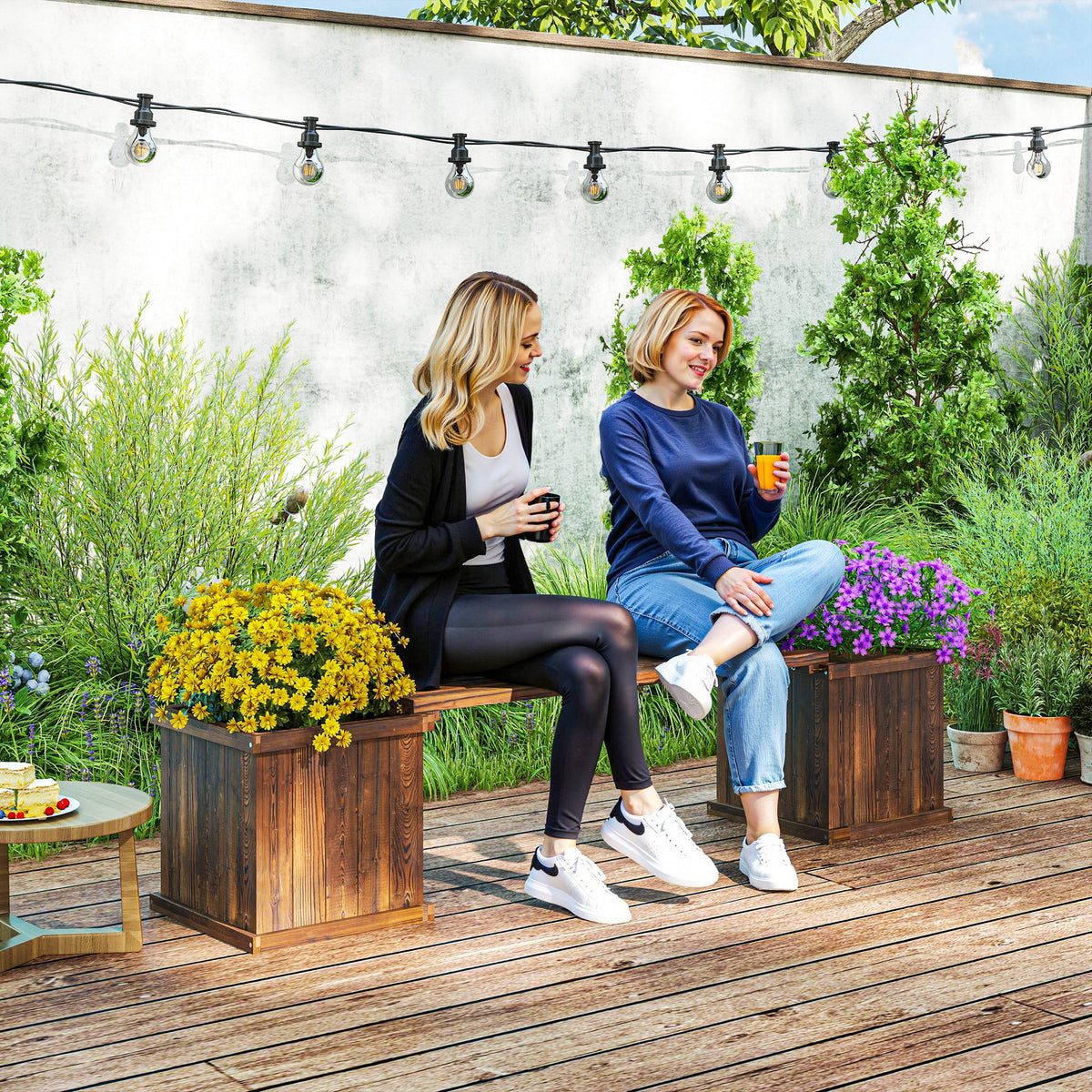 Outsunny Wooden Garden Planter & Bench Combination Garden Raised Bed