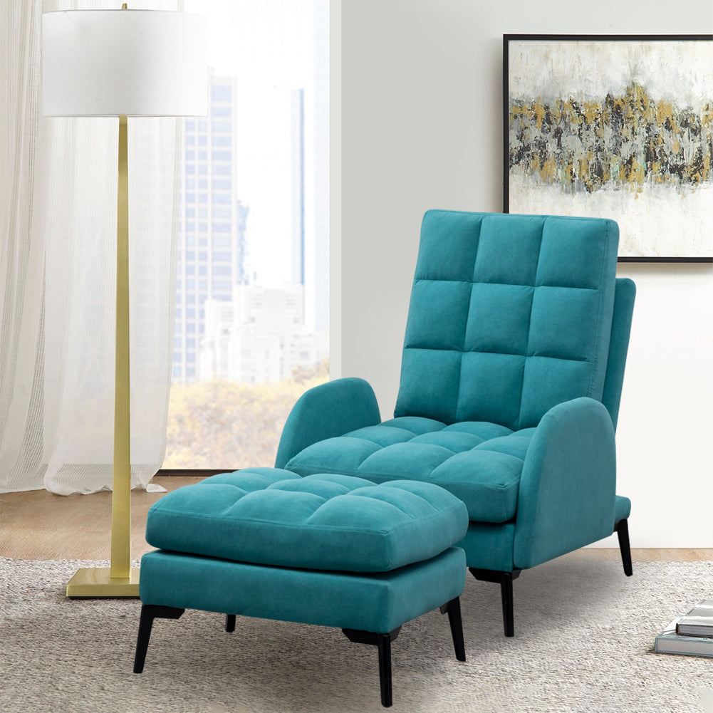 Frosted Velvet Armchair With Footstool Set– Adjustable 110°-180° Recline, Cozy Upholstered Chair With Metal Legs, Ergonomic Comfort | Teal