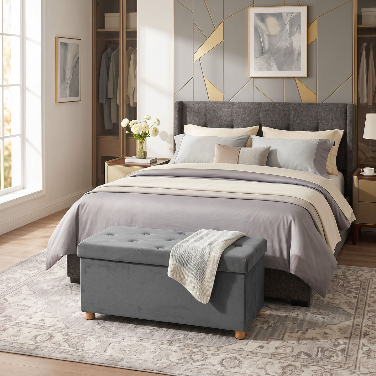 Velvet Upholstered Foldable Ottoman Footrest With Wood Legs | Grey