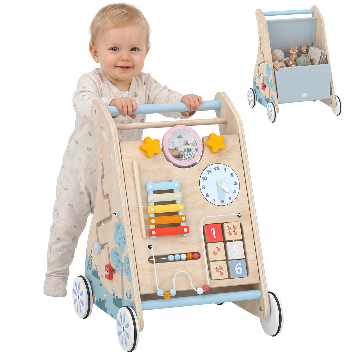AIYAPLAY Wooden Baby Walker With Detachable Double-sided Activity Board