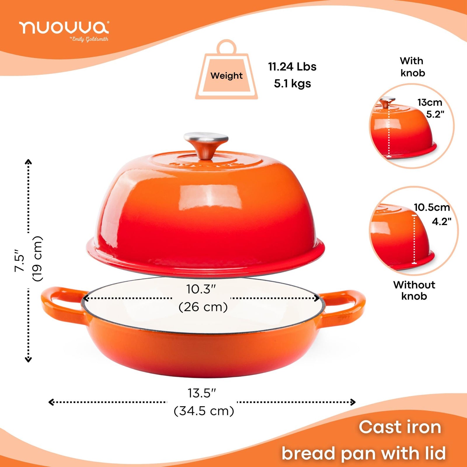 Enamelled Cast Iron Dutch Oven Bread Pot, 22cm (5.6l) | Orange
