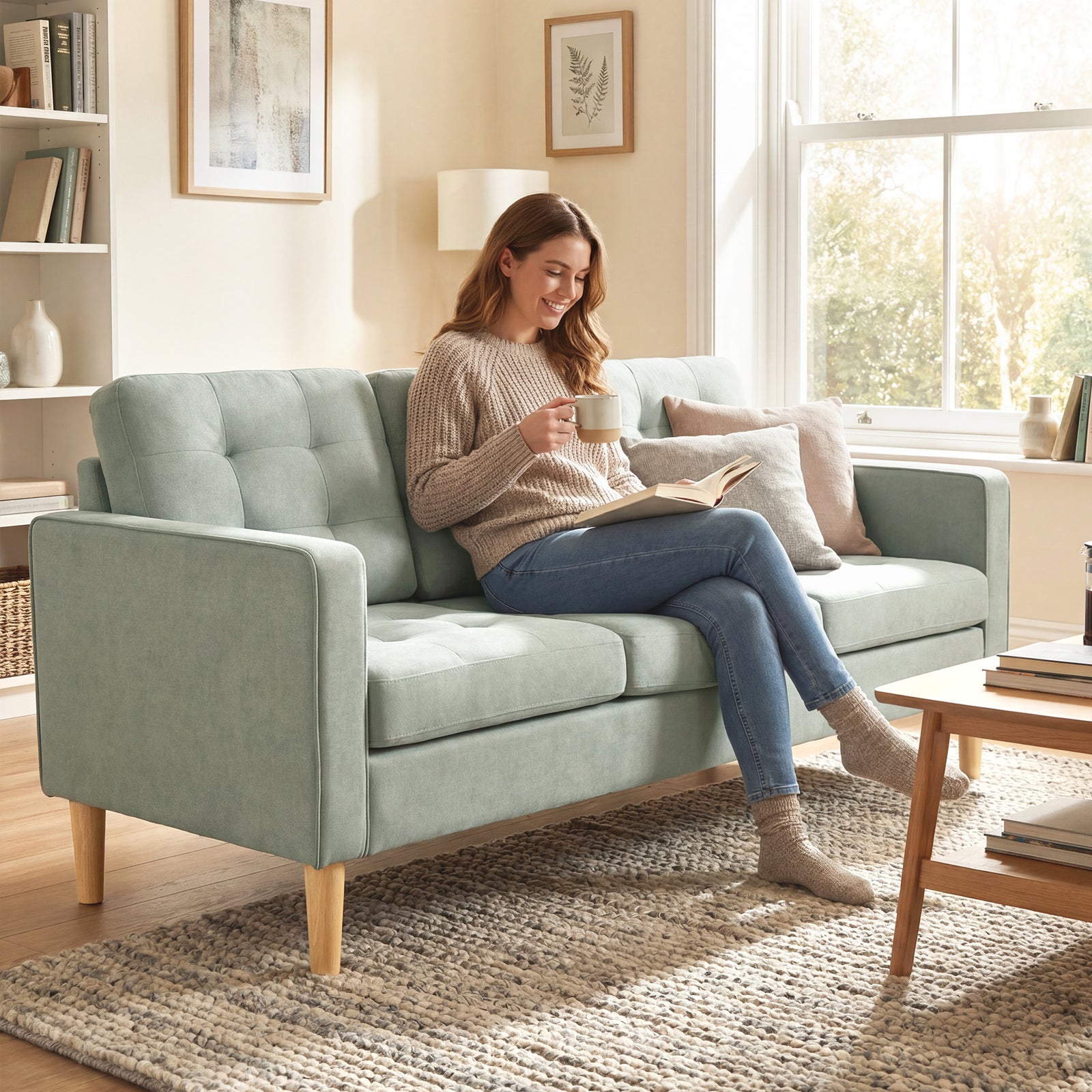 Modern 3 Seater Sofa With Hidden Storage And Rubber Wood Legs | Light Grey
