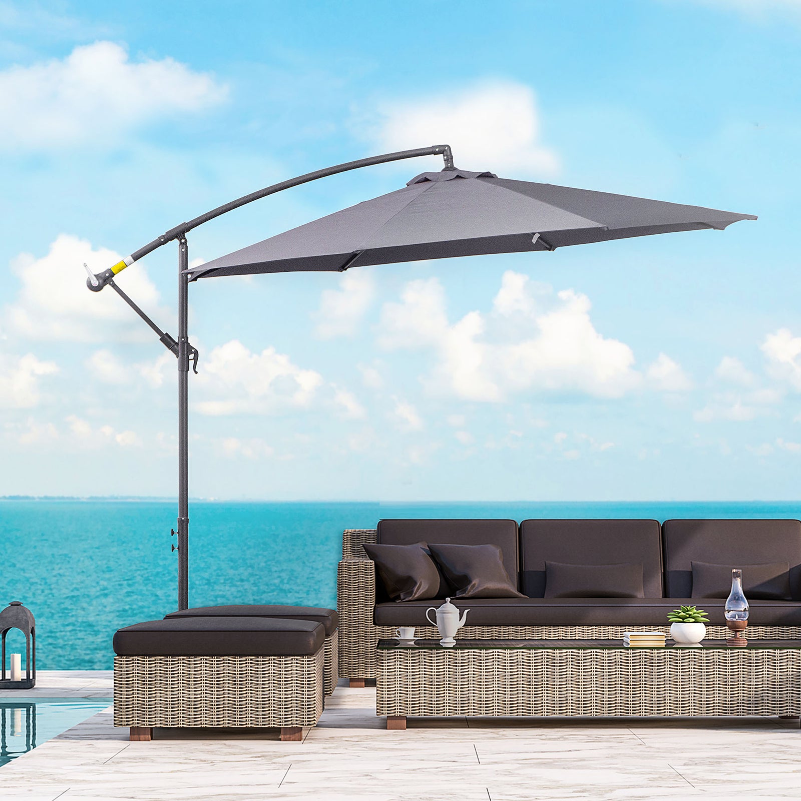3(m) Cantilever Parasol Banana Umbrella w/ Crank, Cross Base | Grey
