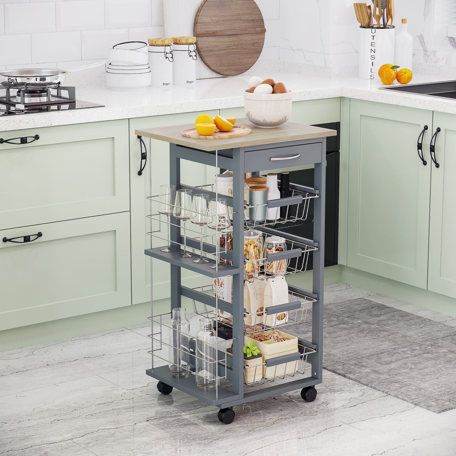 Kitchen Island Trolley W/ 4 Baskets 2 Side Racks Drawer