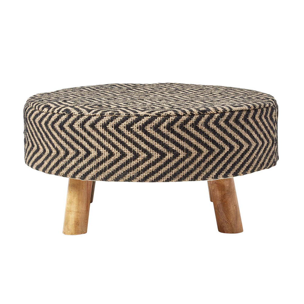 HOMESCAPES Black And Natural Circular Footstool With Diamond Pattern