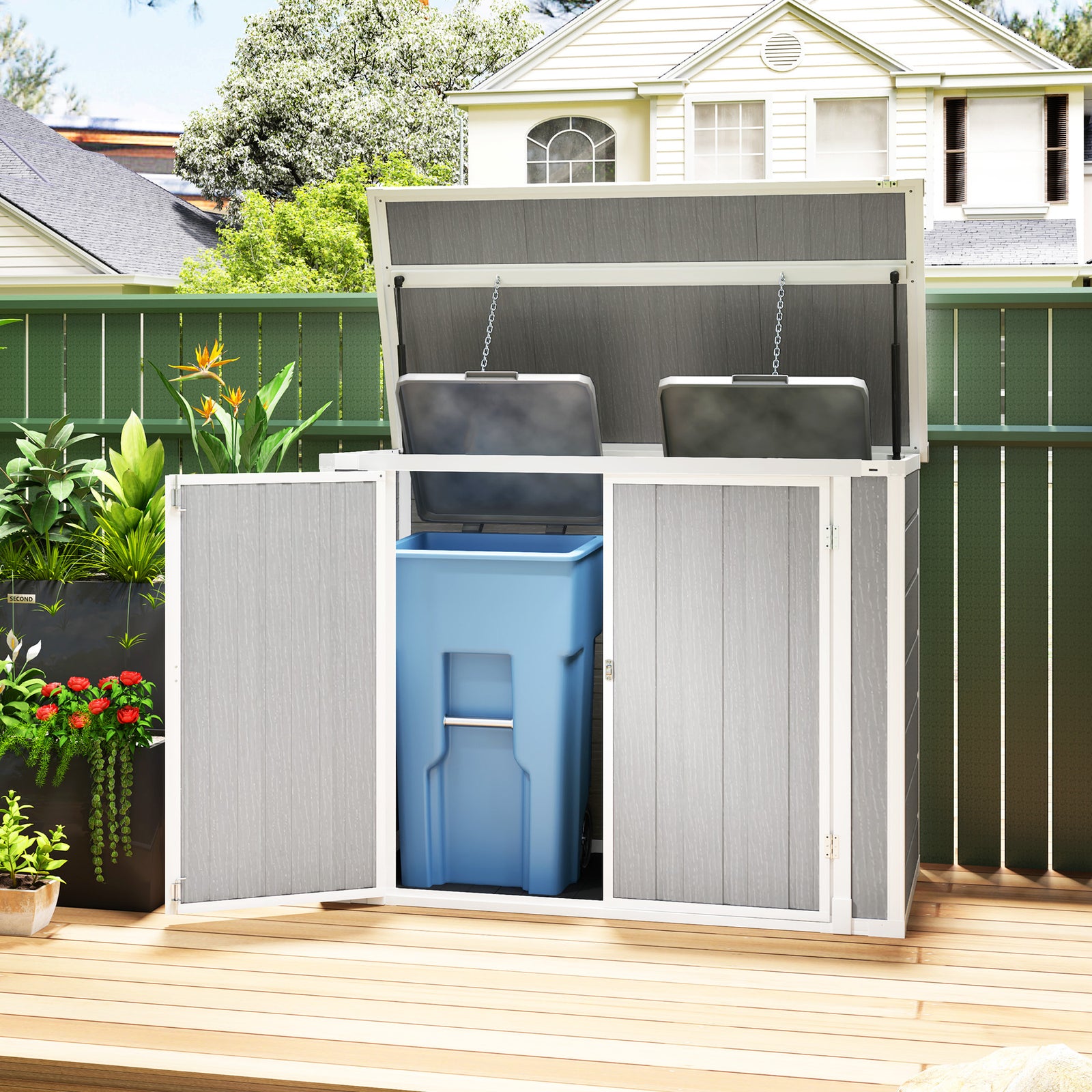 4.7 X 2.5ft Lockable Garden Shed, Double Bin Storage Shed | Light Grey