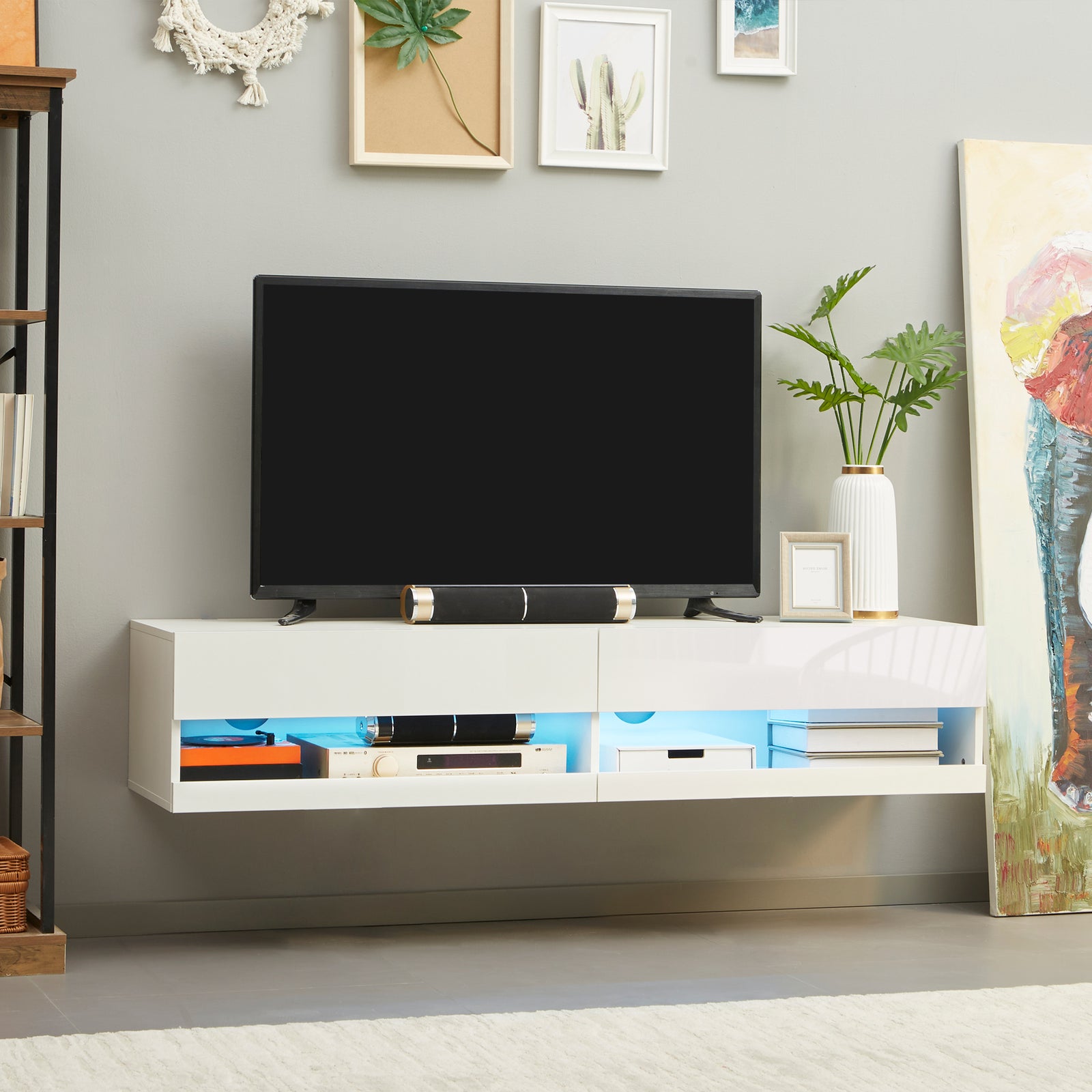 High Gloss Tv Stand Wall Mounted With Led | White