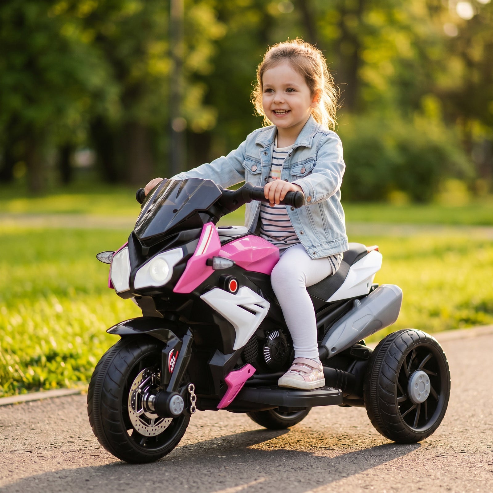 Kids Electric Motorcycle With 3 Wheels, Headlight, Music, Horn | Pink