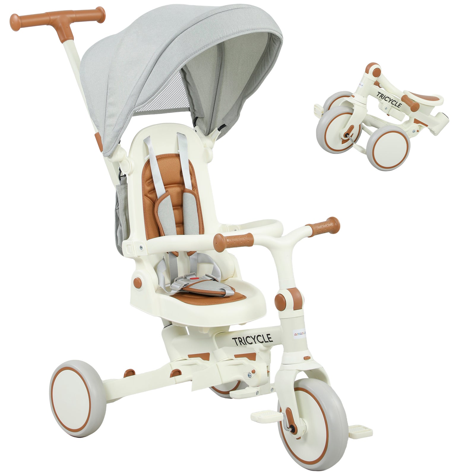 5 In 1 Foldable Kids Trike, Toddler Tricycle For 1-3 Years | Cream