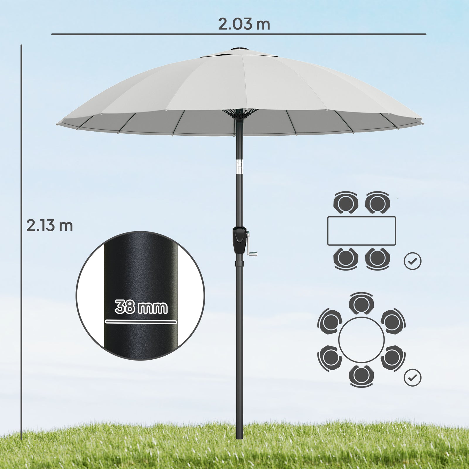 2m Shanghai Garden Parasol Umbrella, Outdoor Sun Shade | Light Grey