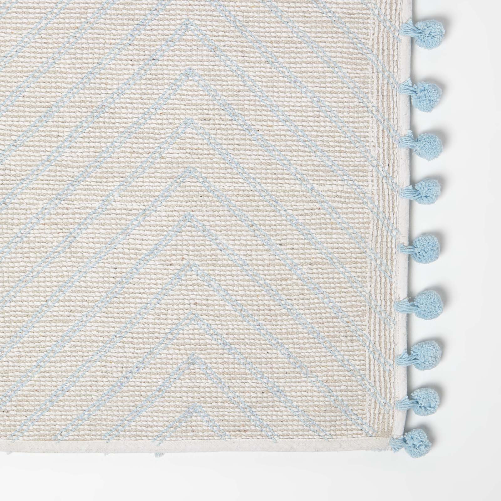 Tufted Cotton Bath Mat Zig Zag Design With Pom Poms | 50 x 80cm | Light Blue
