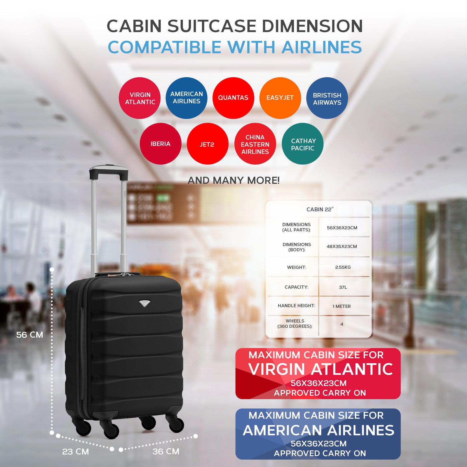 56x36x23cm Lightweight 4 Wheel Carry-on Cabin Suitcase 30+ Airline Approved - Overhead Luggage | 56 x 36 x 23cm | Black