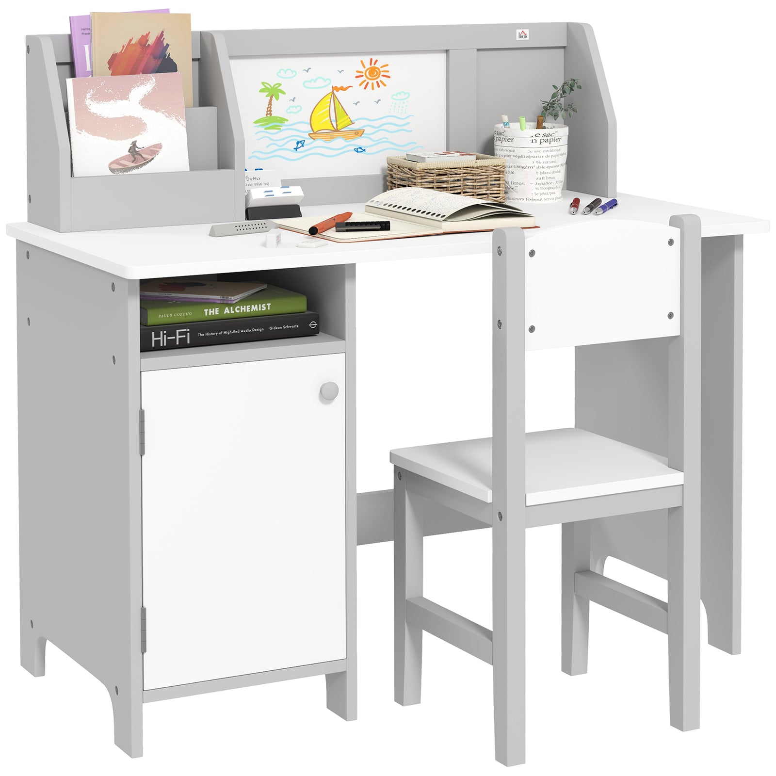 2 Pcs Childrens Table And Chair Set W/ Whiteboard Storage | Gray