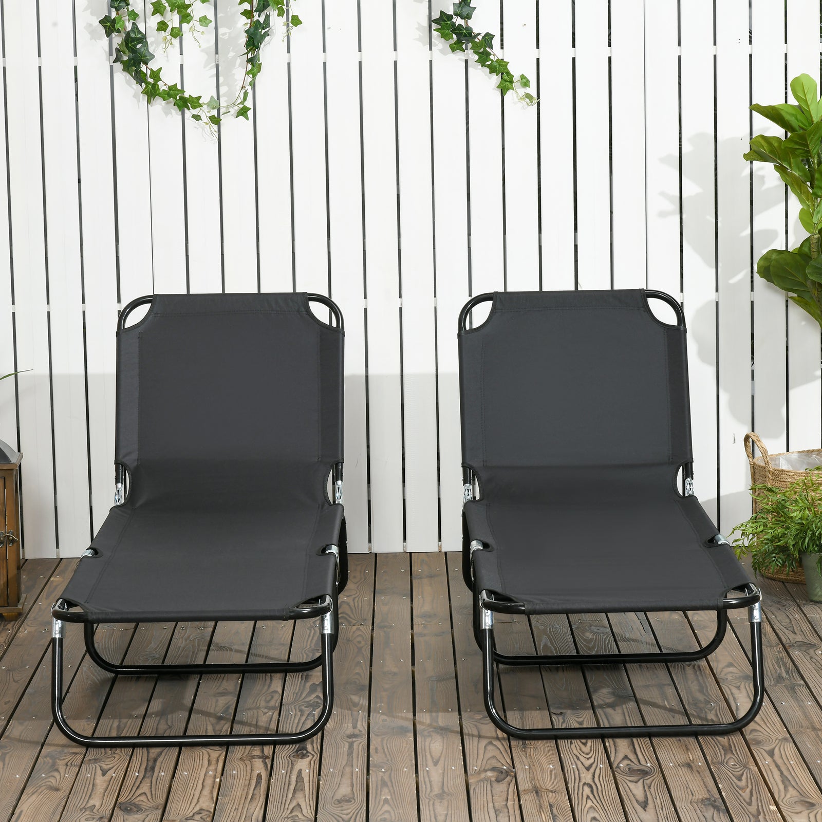 2 Folding Sun Loungers W/ Adjustable Backrest