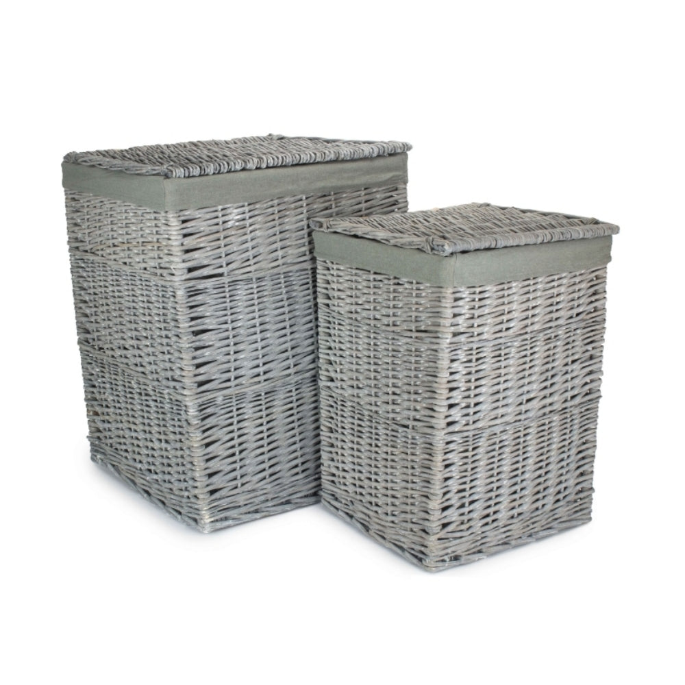 Grey Wash Square Laundry Basket With Grey Sage Lining