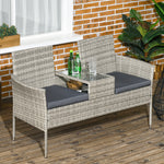 Rattan Garden Bench W/ Glass Table, Wicker Chair, Cushions | Dark Gray
