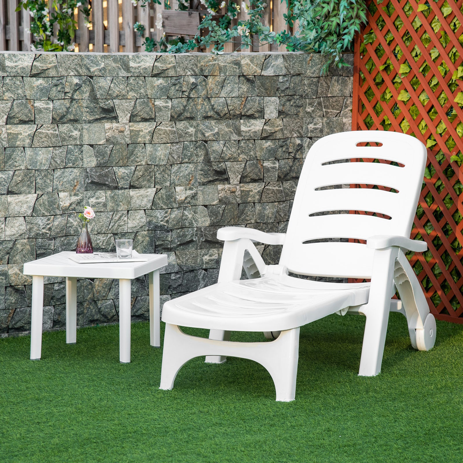 Patio Folding Lounge Chair Recliner W/ Wheels & Backrest