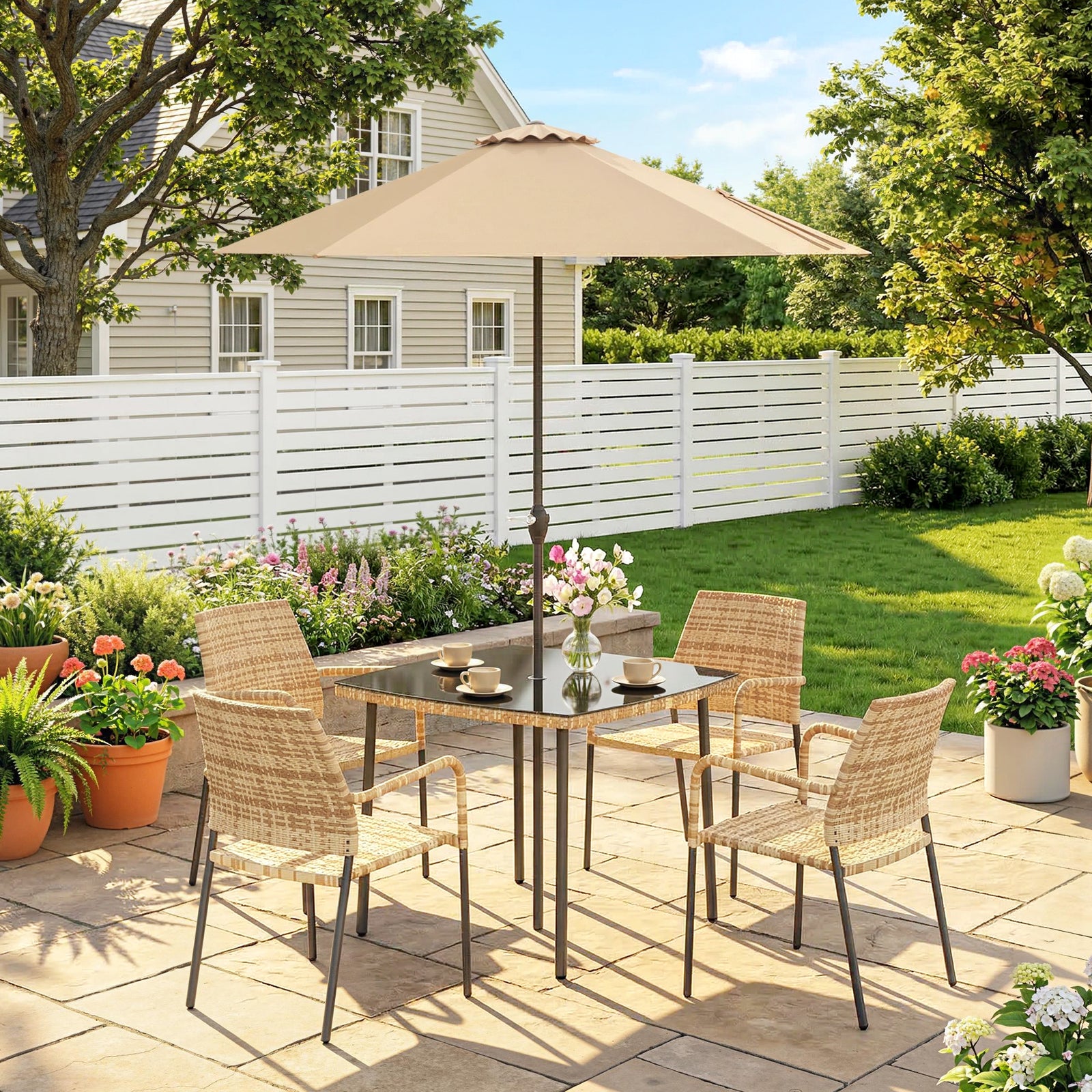 4 Seater Rattan Dining Set With Parasol | Brown