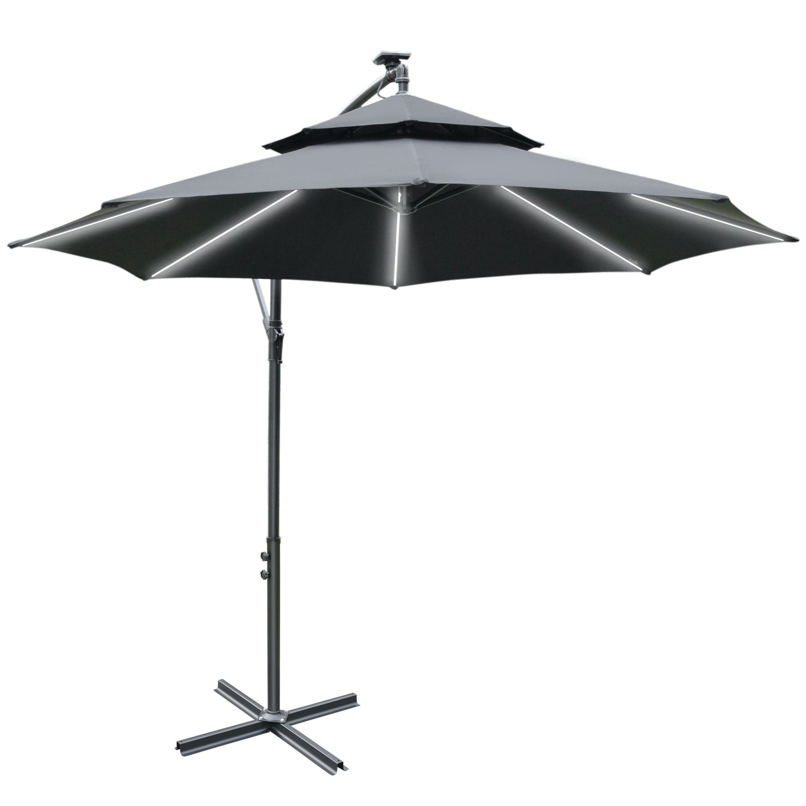 3m Cantilever Banana Parasol W/ Led Solar Lights | Black
