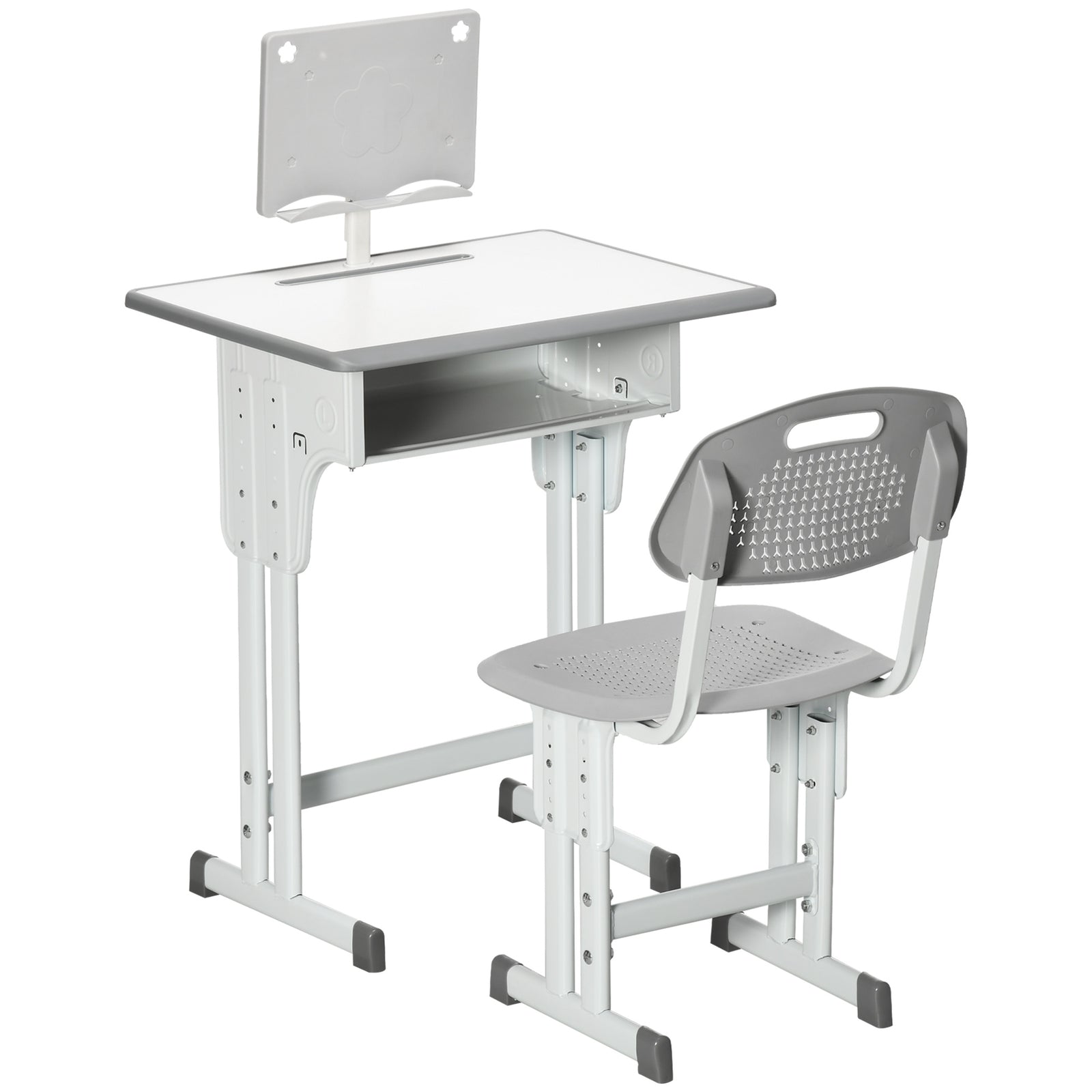 Kids Desk And Chair Set W/ Drawer, Book Stand, Pen Slot | Grey