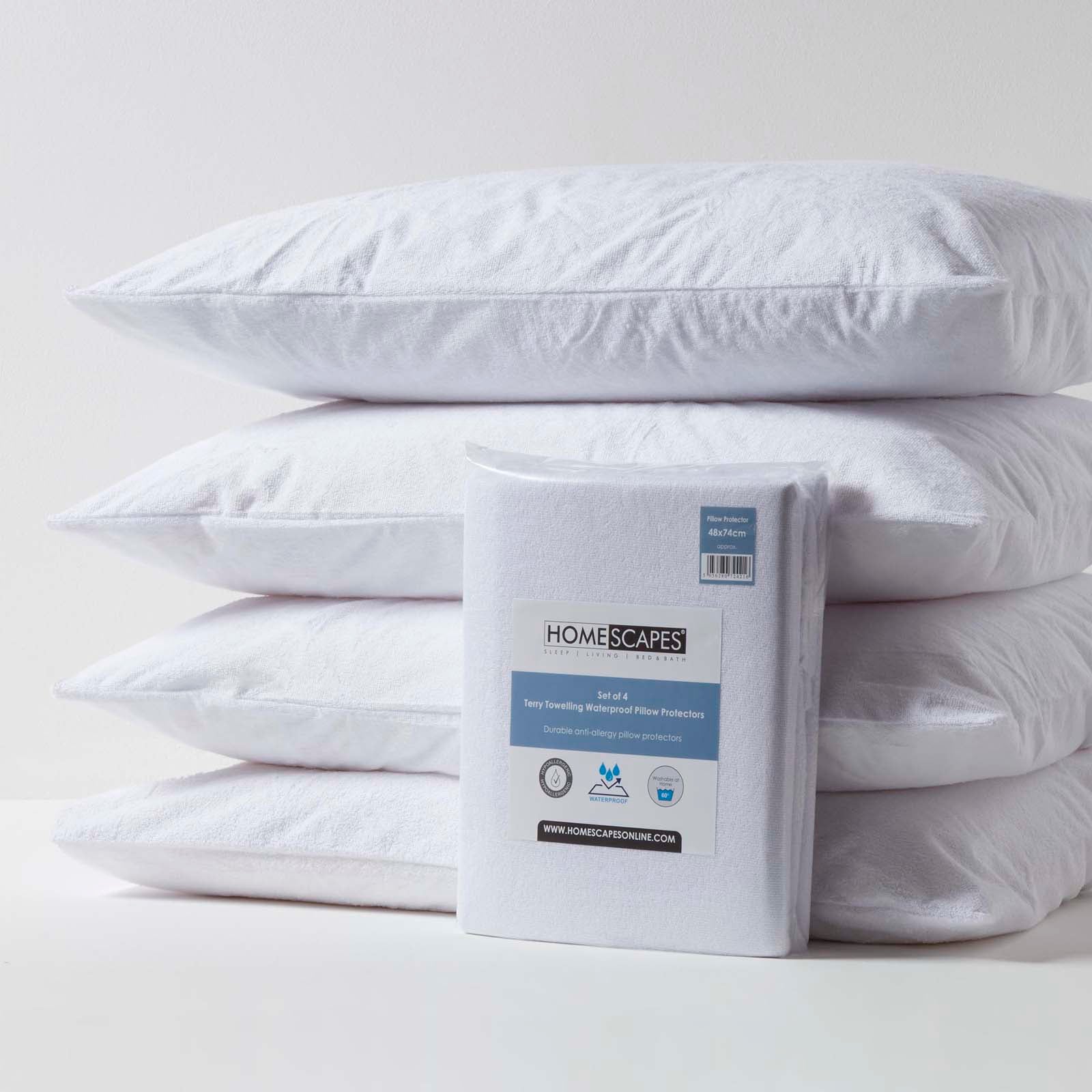 Terry Towelling Waterproof Pillow Protectors, Pack Of 4 | 48 x 74cm | White