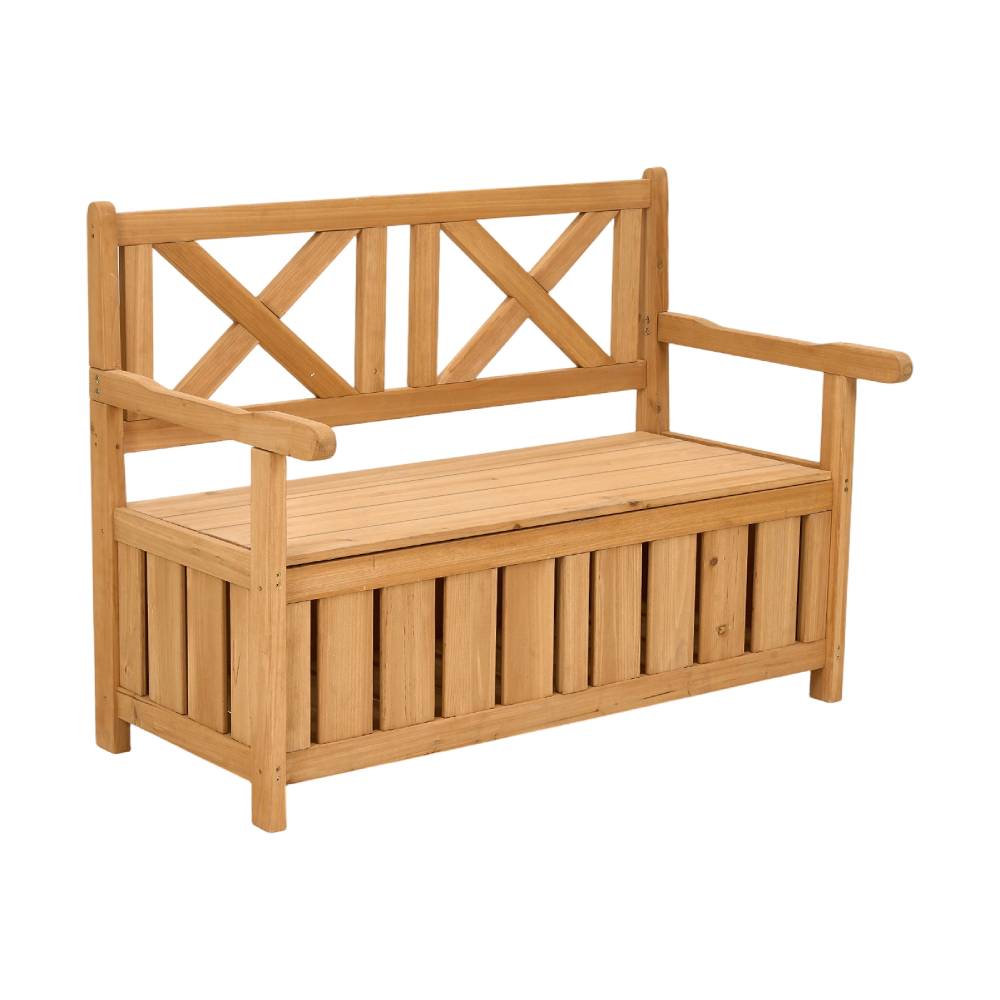 Solid Fir Wood Outdoor Storage Bench With Backrest & Armrests, 125l Large Storage Box, Water-based Painted Garden Bench Seat, | Natural