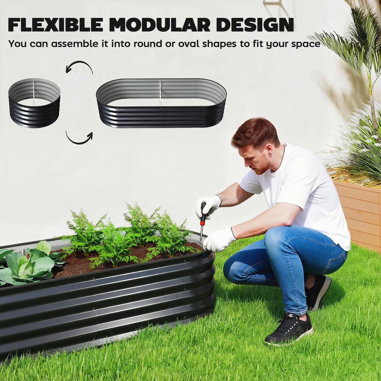 Raised Beds For Garden With Metal Plant Stakes | Set-of-2 | Dark Grey