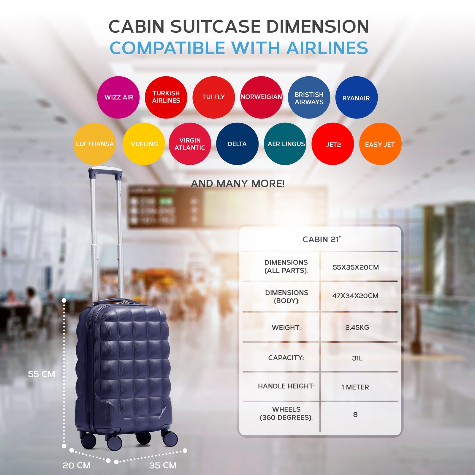 55x35x20cm Hard Case Bubble Carry On Suitcase - 100+ Airline Approved | Cabin | Navy Blue