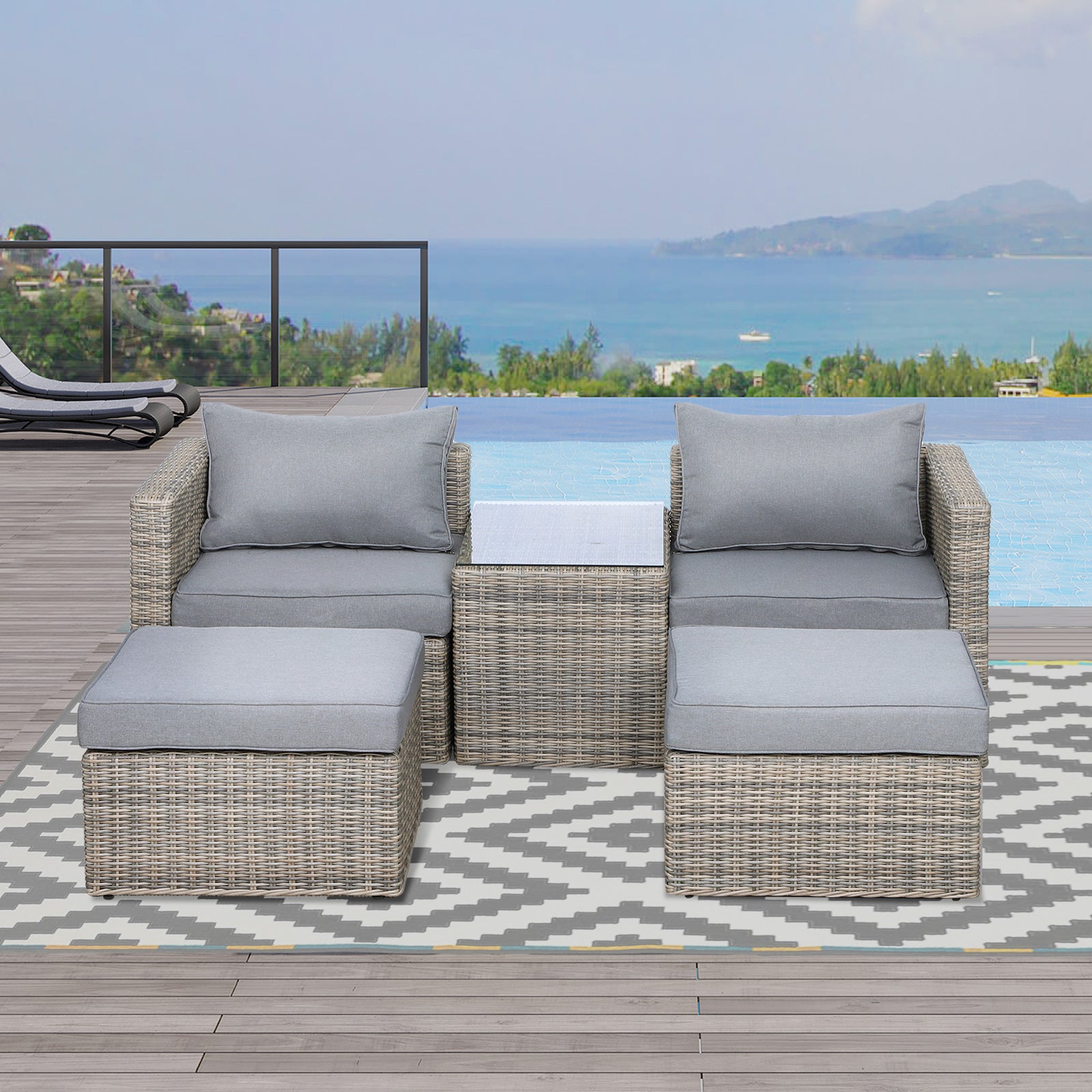 5 Pcs Pe Rattan Sofa Footstool Set Tall Glass-top Table | Brown