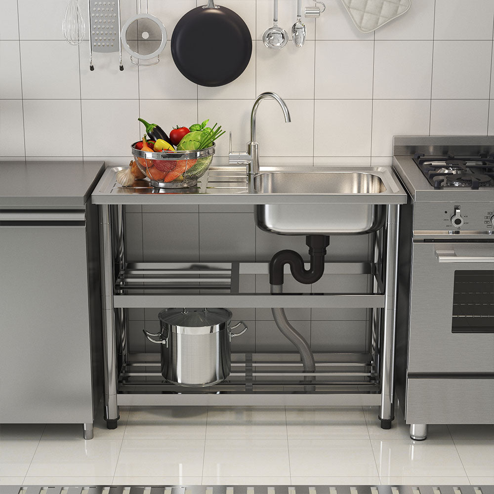 98cm W X 45cm D X 80cm H Stainless Steel One Compartment Sink With Drainboard And Shelf