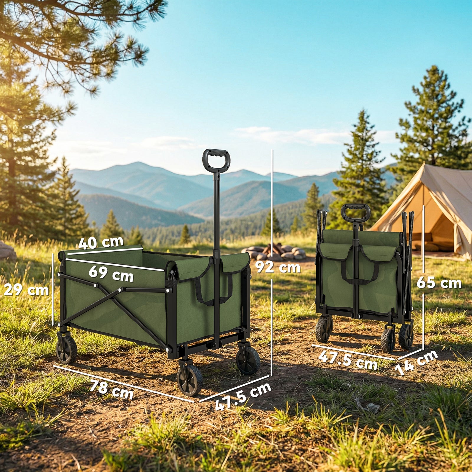 81l Festival Trolley On Wheels, Garden Folding Trolley Cart | Green